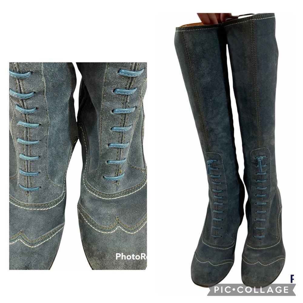 L’autre Chose Blue Suede Granny Style Heeled Boots Size 37